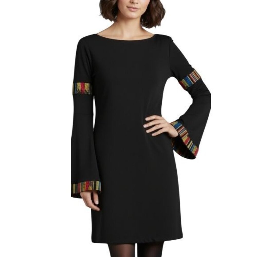 Abi Ferrin ROSALIE Women's Bodycon Black Dress Bell Sleeves Boho Trim Size XS
